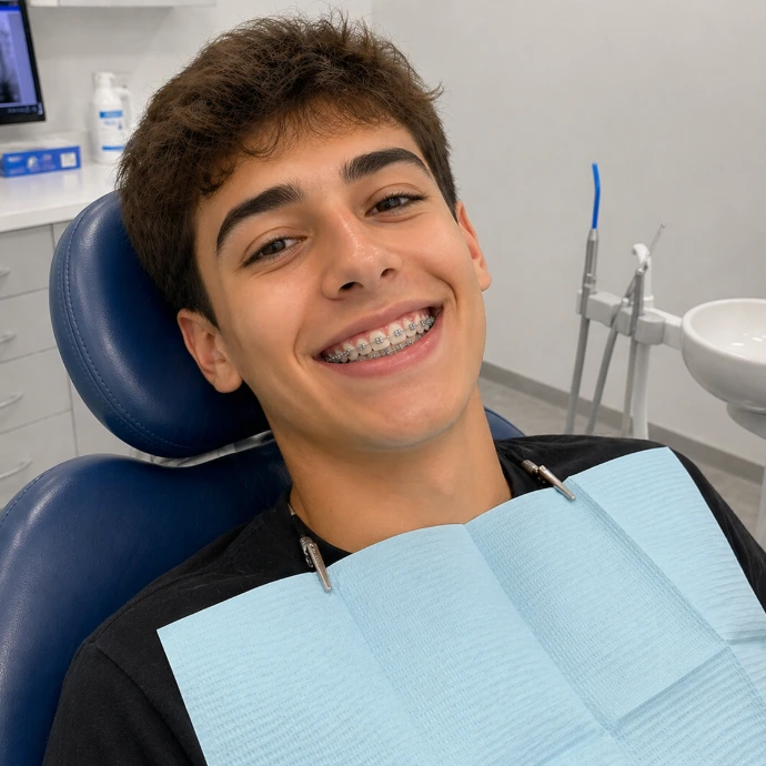 Hombre sonriendo con brackets nuevos en Clinica dental la zapopana