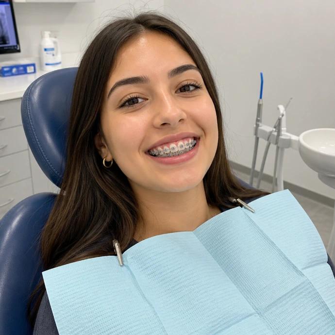 Mujer sonriendo con brackets nuevos en Clinica dental la zapopana